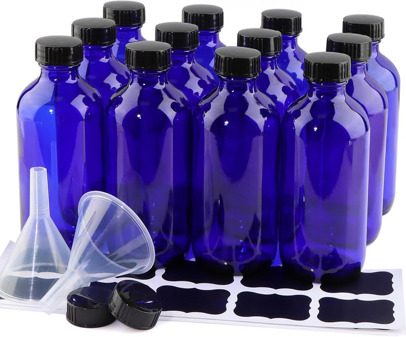 PINIWON 12 Pack 8 oz Cobalt Blue Glass Bottles, 240ml Boston Round Sample Bottles with Black Poly Cone Caps, Labels and Funnels - Image 1